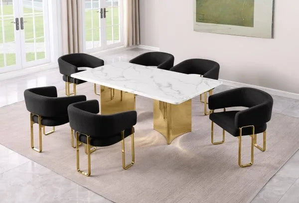 7pc White Marble Dining Set (Silver & Gold)