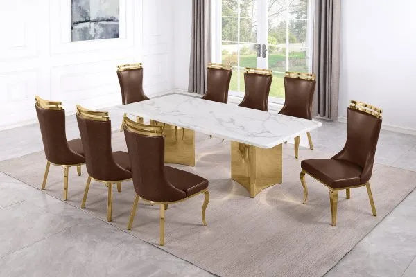 7pc White Marble Dining Set with Leathaire Chairs