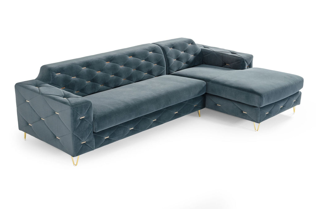 Divani Casa Chesterfield - Blue Velvet Right Facing Sectional Sofa #77586