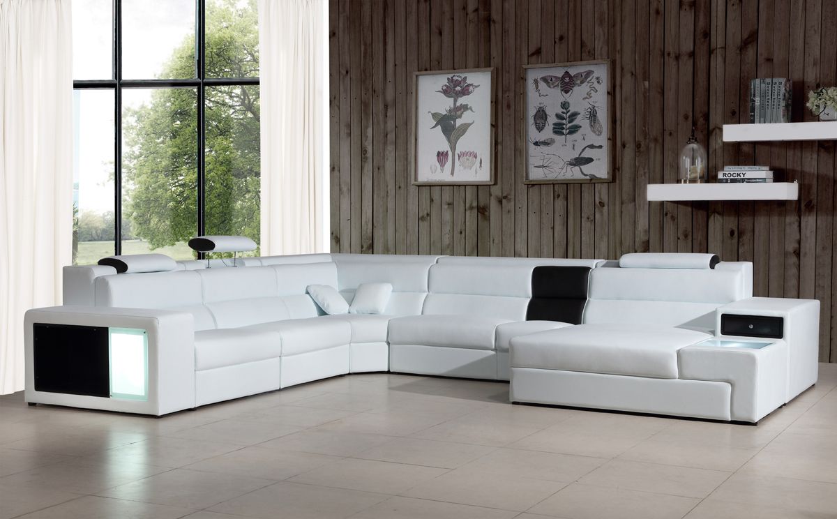 Divani Casa Polaris - Contemporary White Leather U Shaped Sectional Sofa with Lights