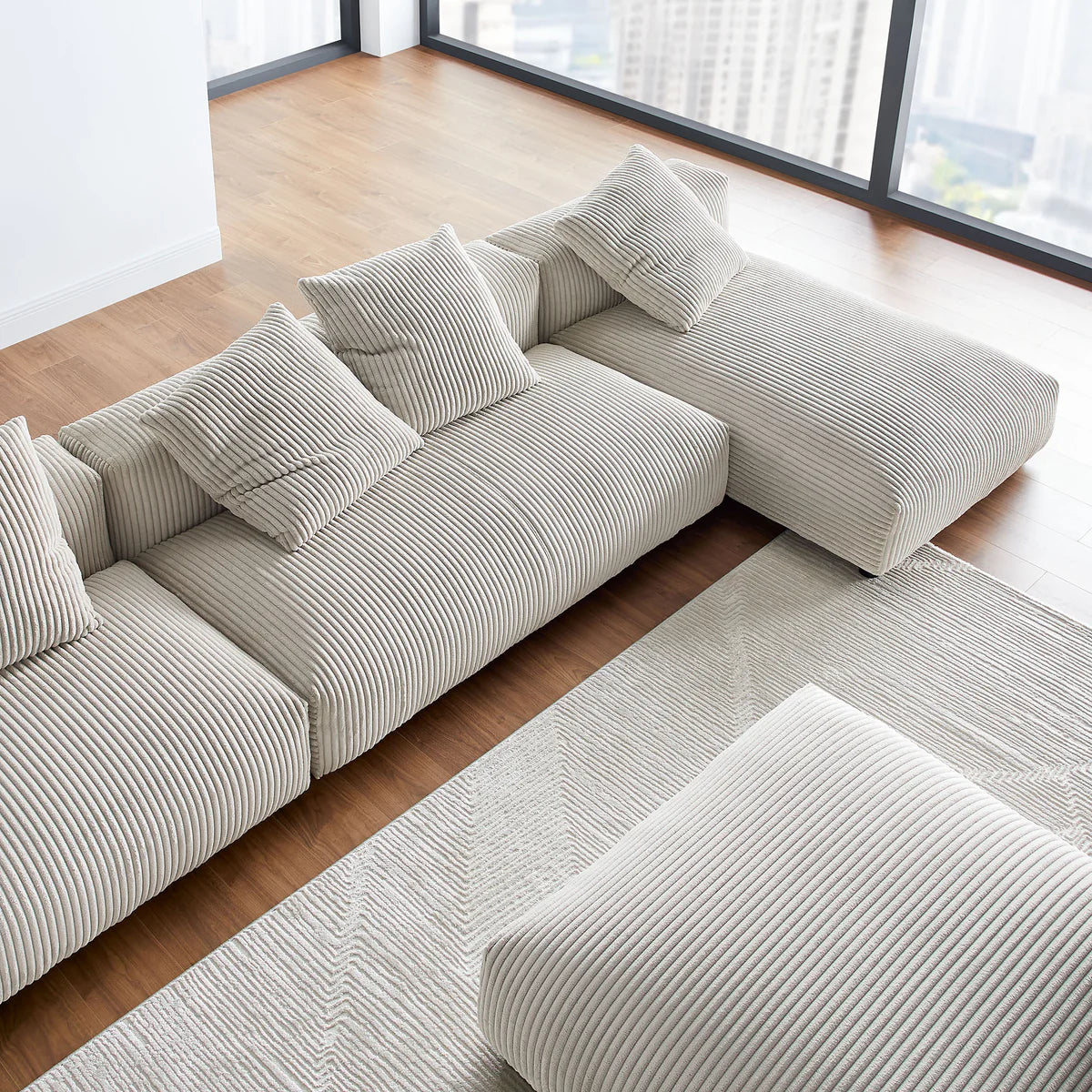 Solace 4-Piece Modular Corduroy Upholstered Sectional Sofa With Ottoman in Almond