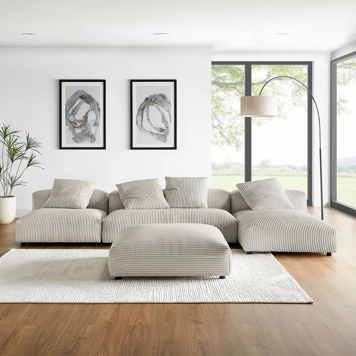 Solace 4-Piece Modular Corduroy Upholstered Sectional Sofa With Ottoman in Almond