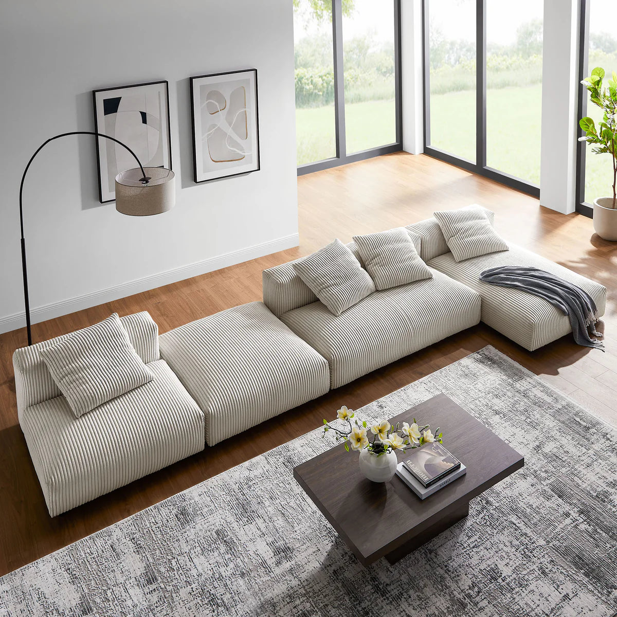 Solace 4-Piece Modular Corduroy Upholstered Sectional Sofa With Ottoman in Almond