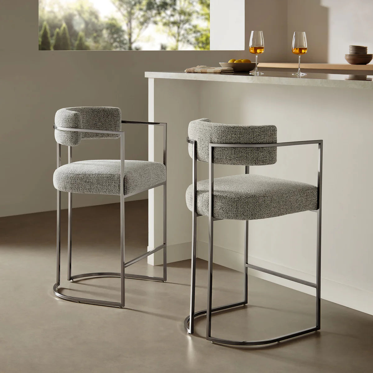 Huron Curved Back Fabric and Metal Counter Stool in Silver Whea