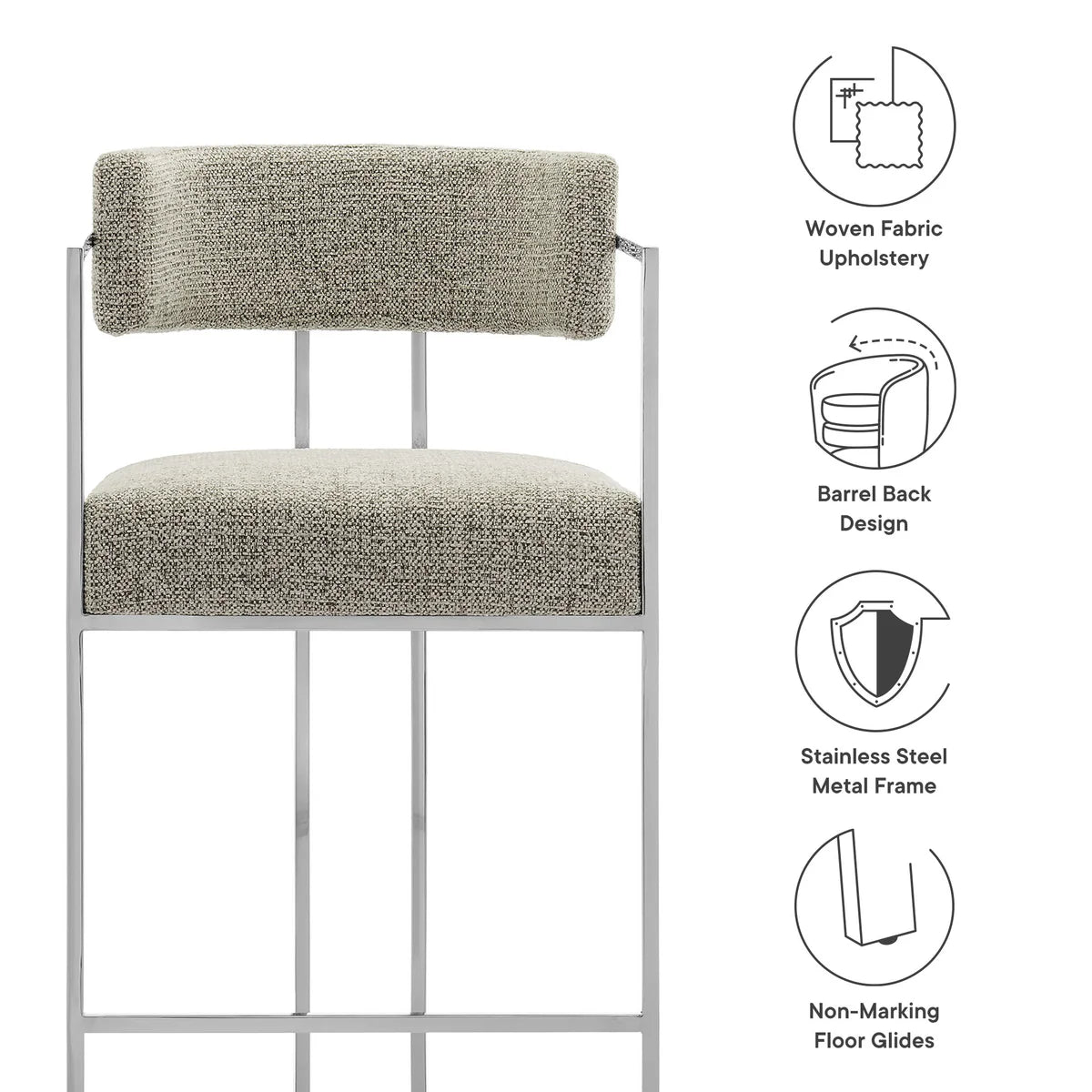 Huron Curved Back Fabric and Metal Counter Stool in Silver Whea