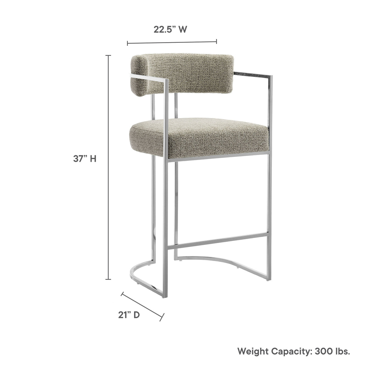 Huron Curved Back Fabric and Metal Counter Stool in Silver Whea