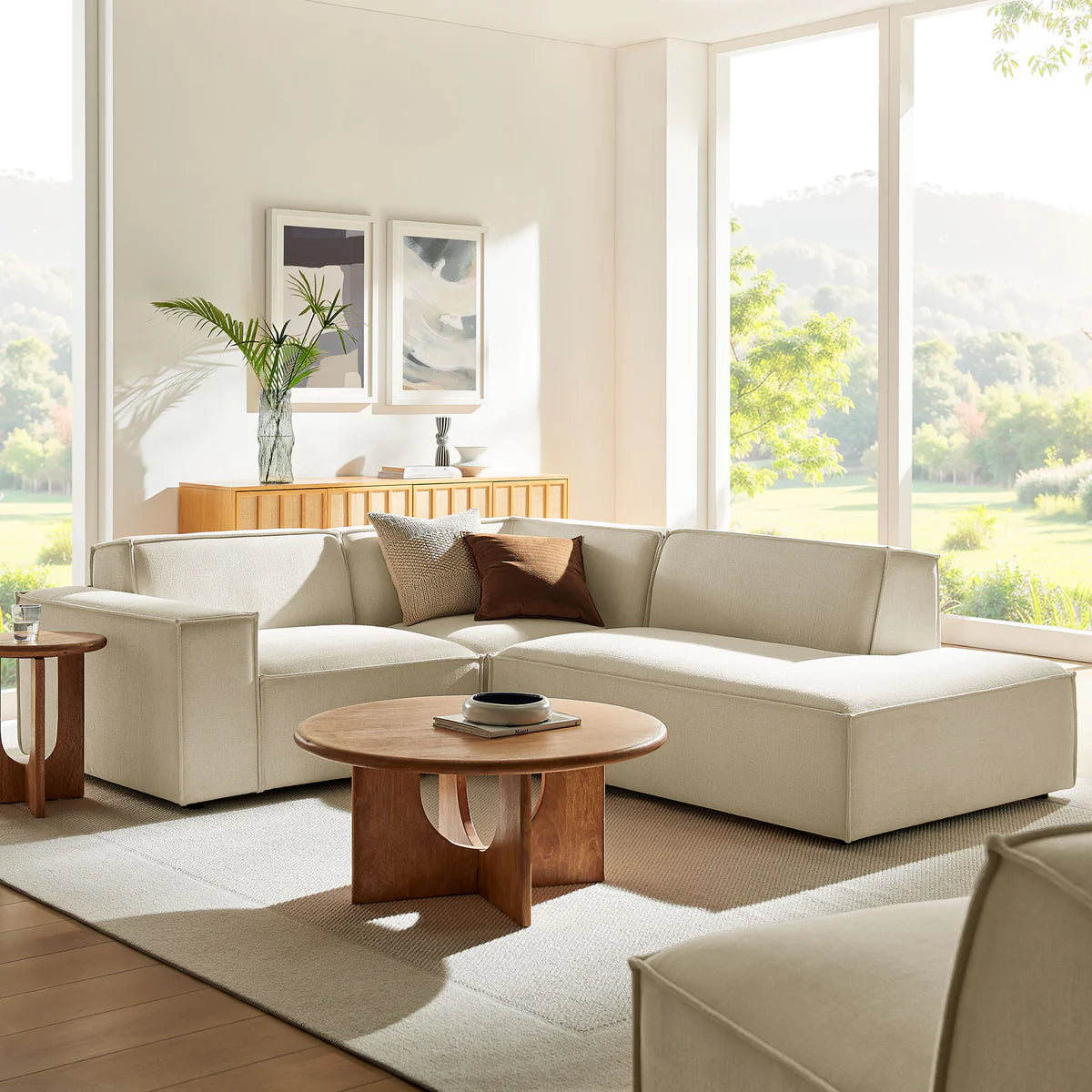 Restore 3-Piece Performance Fabric Upholstered Modular L-Shaped Sectional Sofa in Ecru