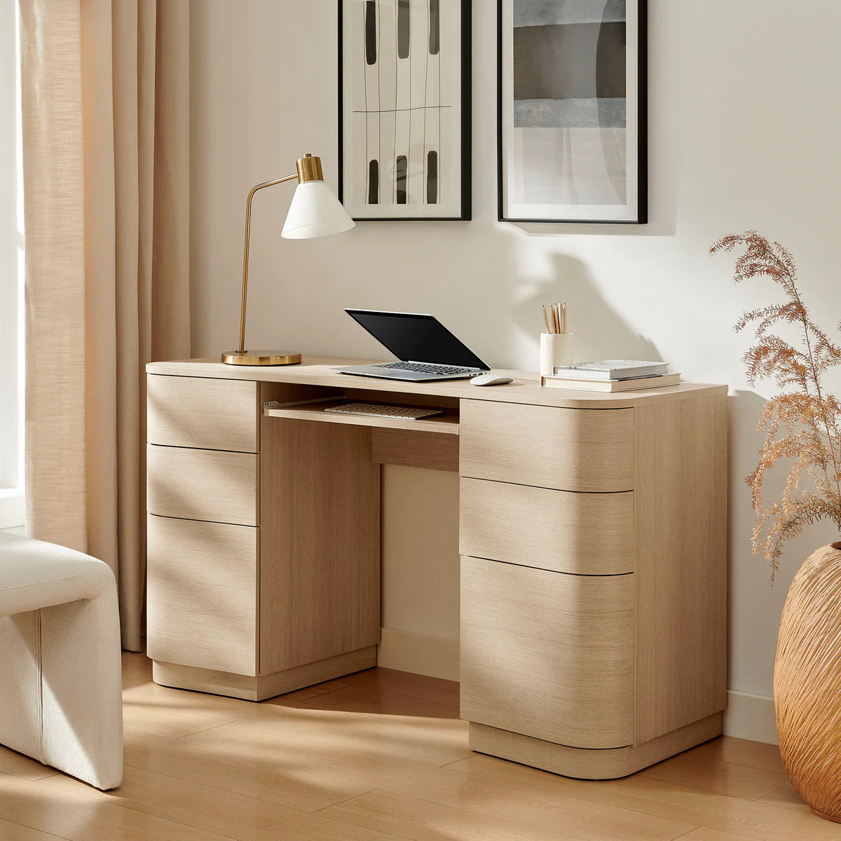 Mirae 55" 6-Drawer Curved Office Desk in Brushed Light Oak