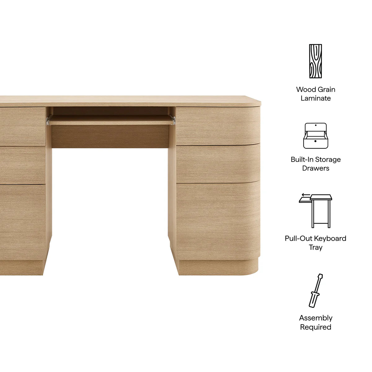 Mirae 55" 6-Drawer Curved Office Desk in Brushed Light Oak