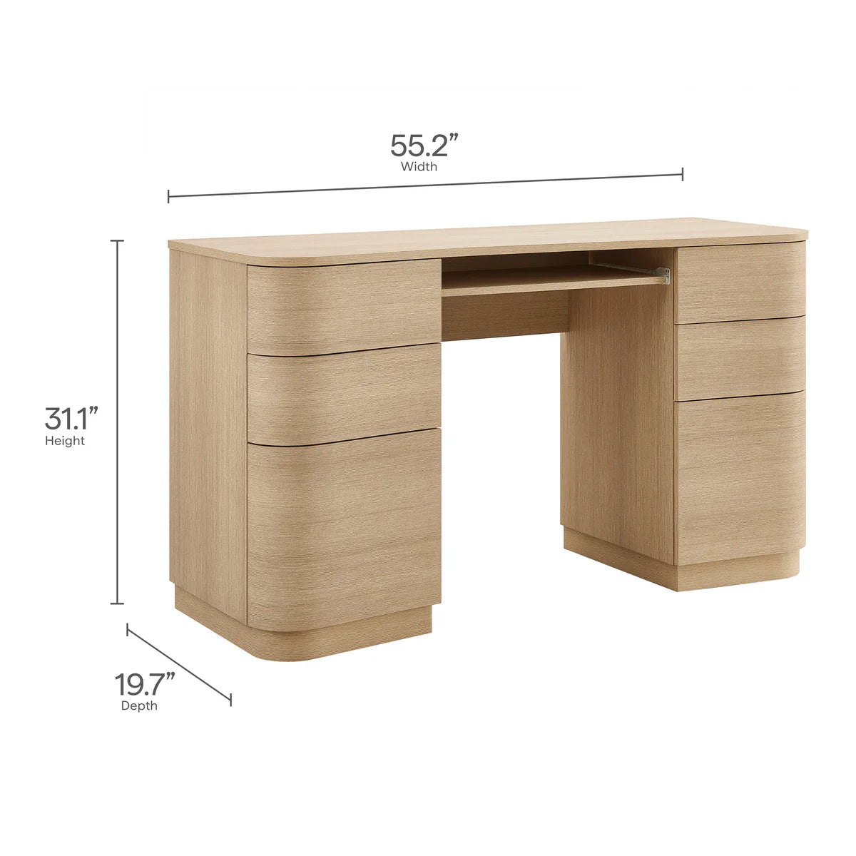 Mirae 55" 6-Drawer Curved Office Desk in Brushed Light Oak