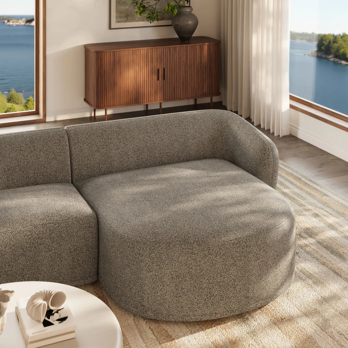 Monica 2 Piece Right Facing Boucle Fabric Modular Sofa with Chaise in Earth