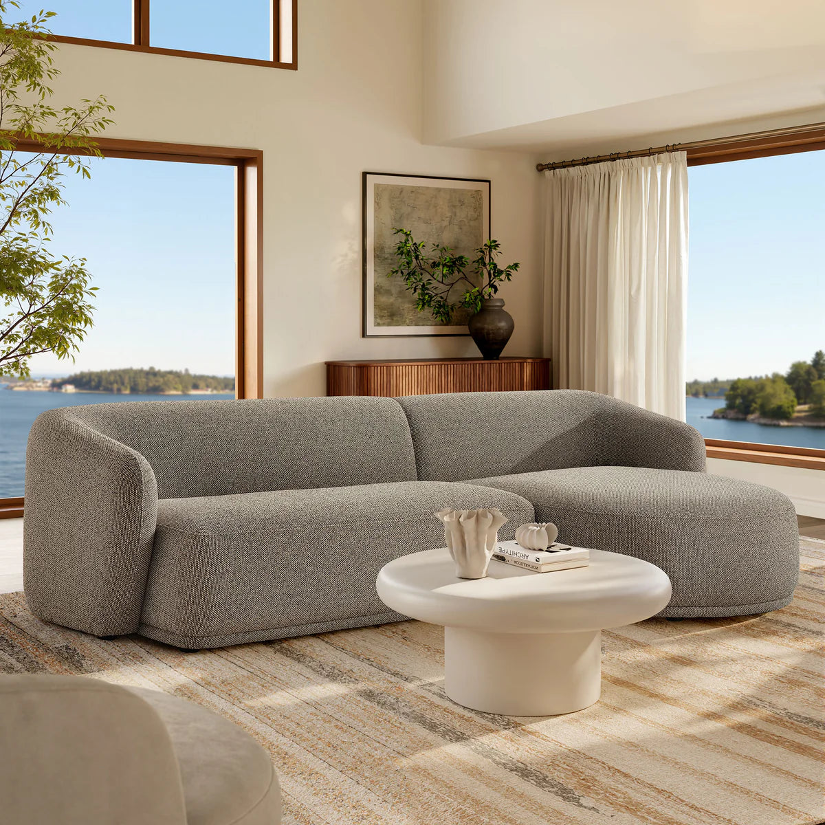 Monica 2 Piece Right Facing Boucle Fabric Modular Sofa with Chaise in Earth