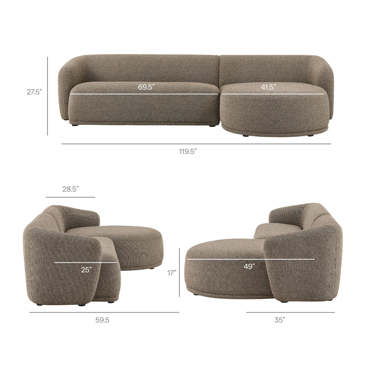 Monica 2 Piece Right Facing Boucle Fabric Modular Sofa with Chaise in Earth