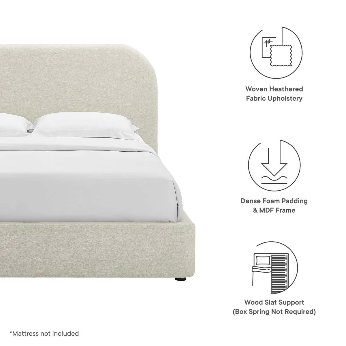 Keynote Upholstered Fabric Curved Queen Platform Bed in Heathered Weave Ivory