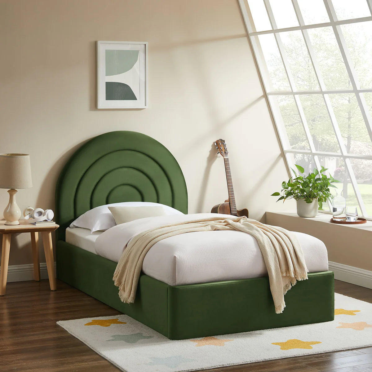 Solana Arched Performance Velvet Twin Platform Bed in Moss Green