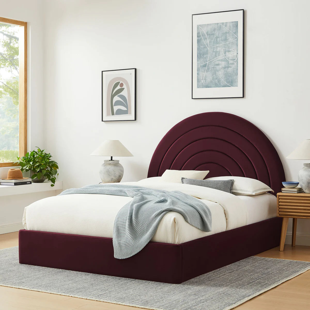 Solana Arched Performance Velvet Queen Platform Bed in Mulberry