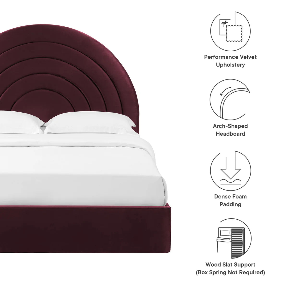 Solana Arched Performance Velvet Queen Platform Bed in Mulberry