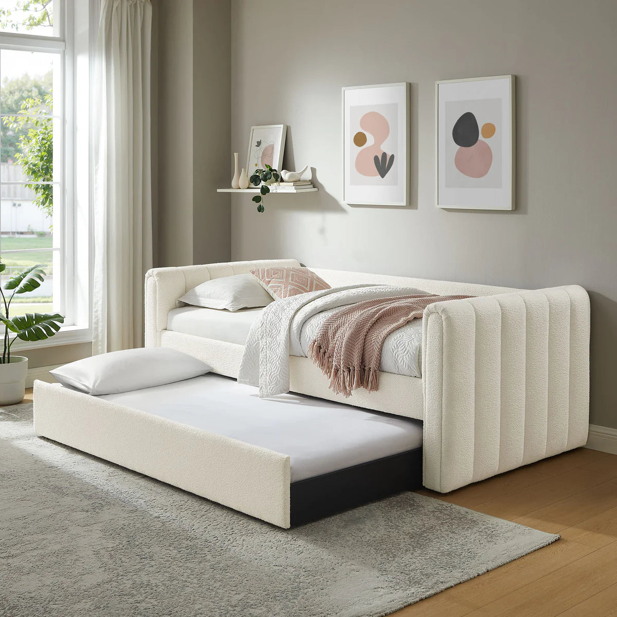 Veyla Channel Tufted Boucle Twin Daybed With Trundle in Cloud