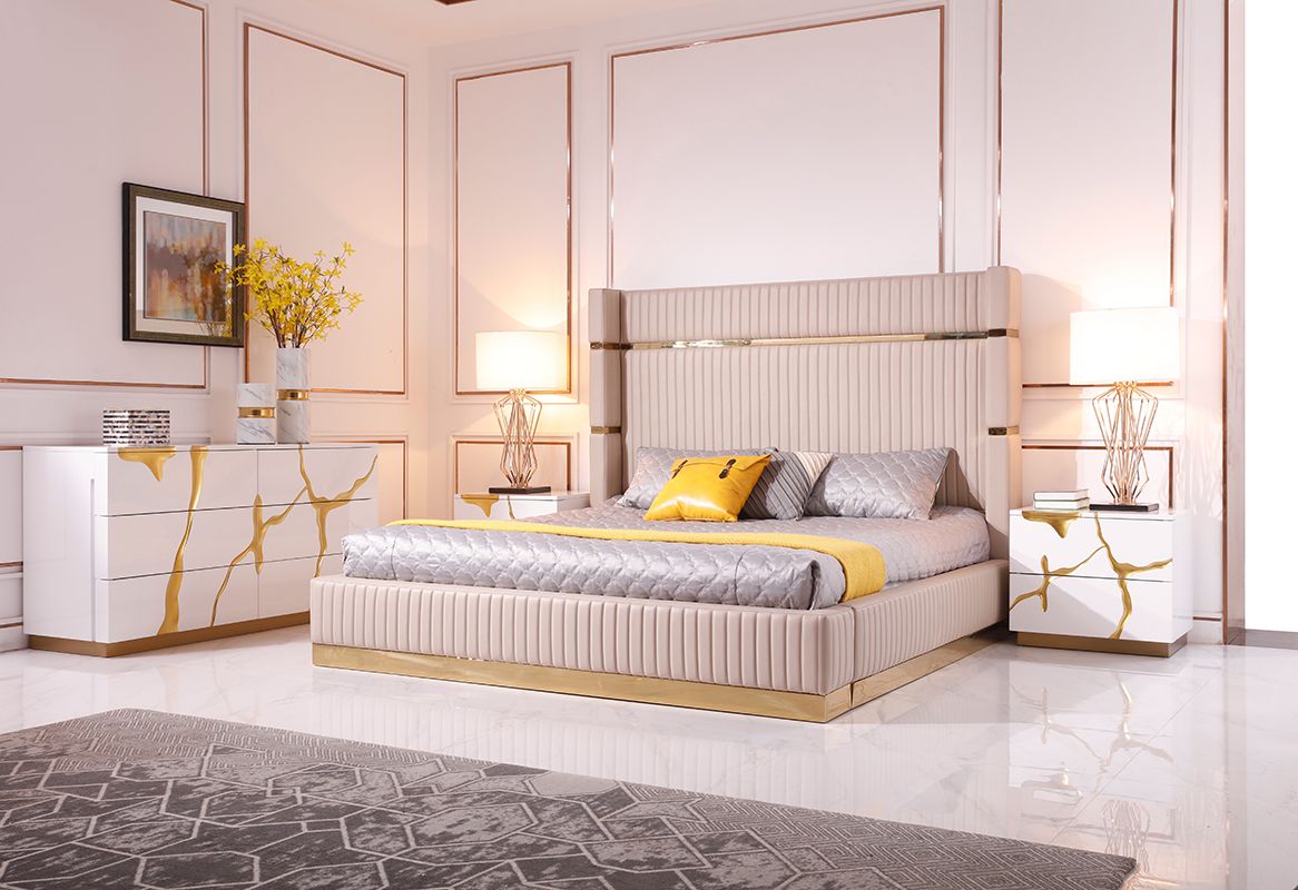 Modrest- Sterling Modern Beige Bonded Leather & Gold Bed