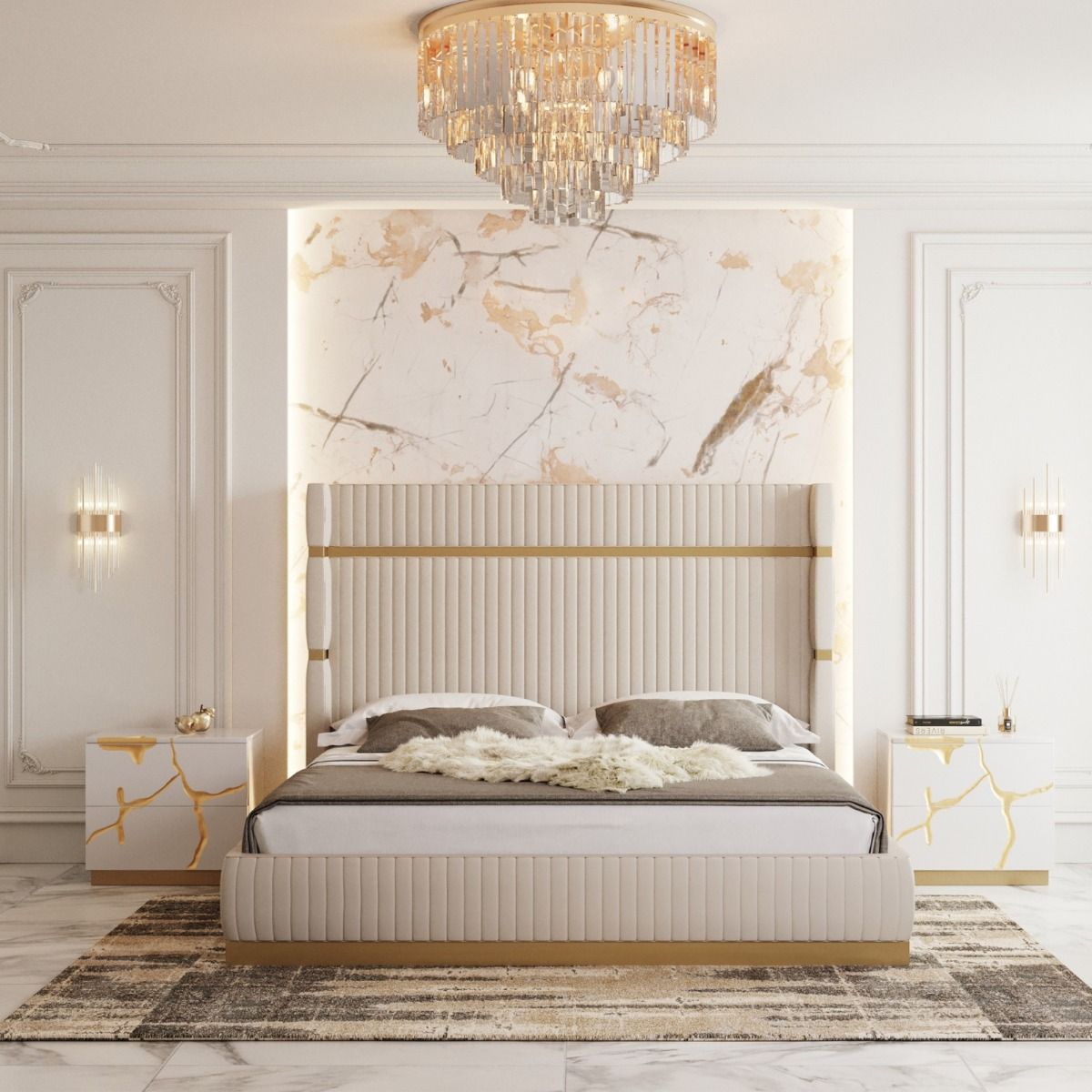 Modrest- Sterling Modern Beige Bonded Leather & Gold Bed