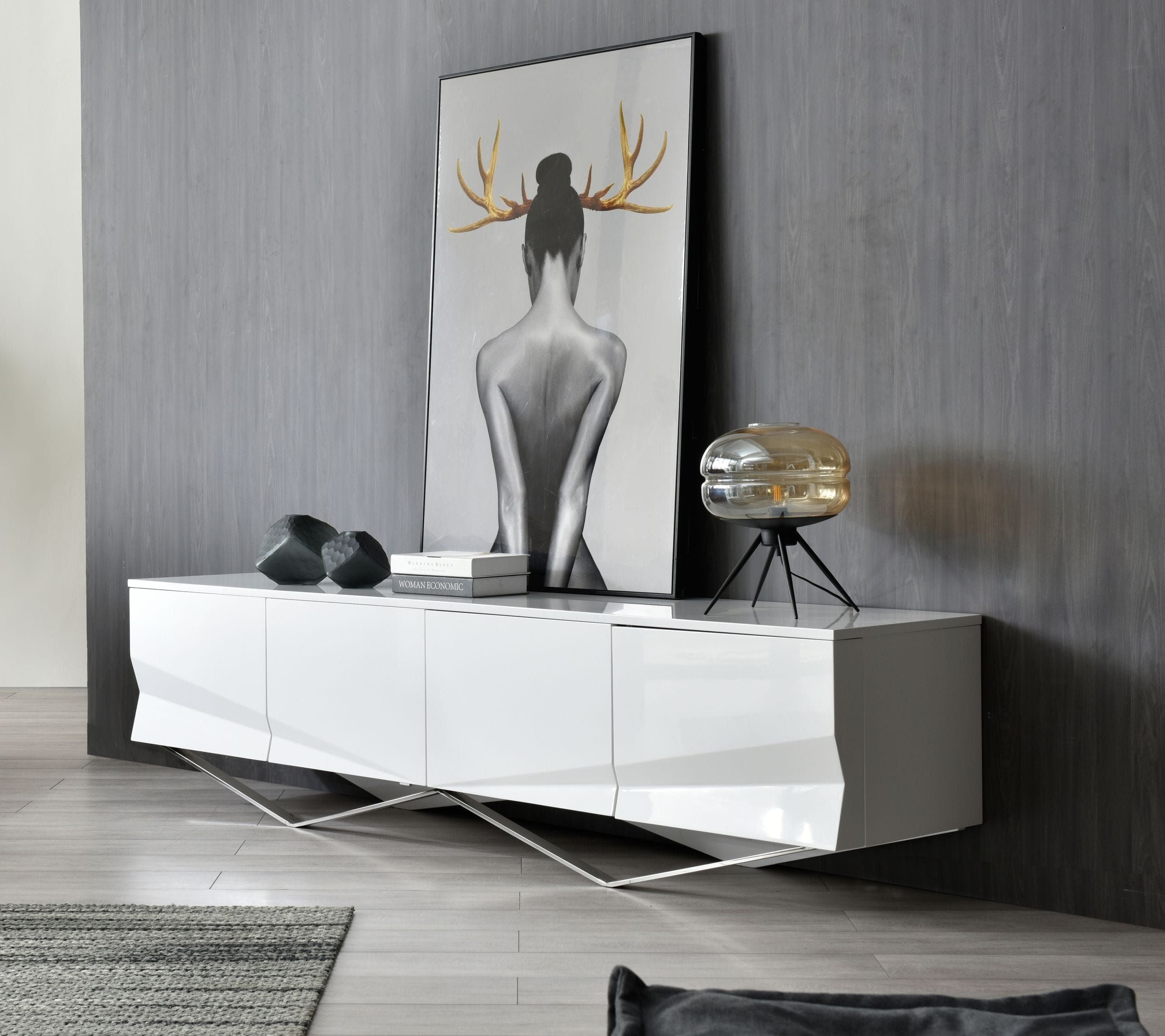 Modrest Duke - Modern White & Stainless Steel TV Stand