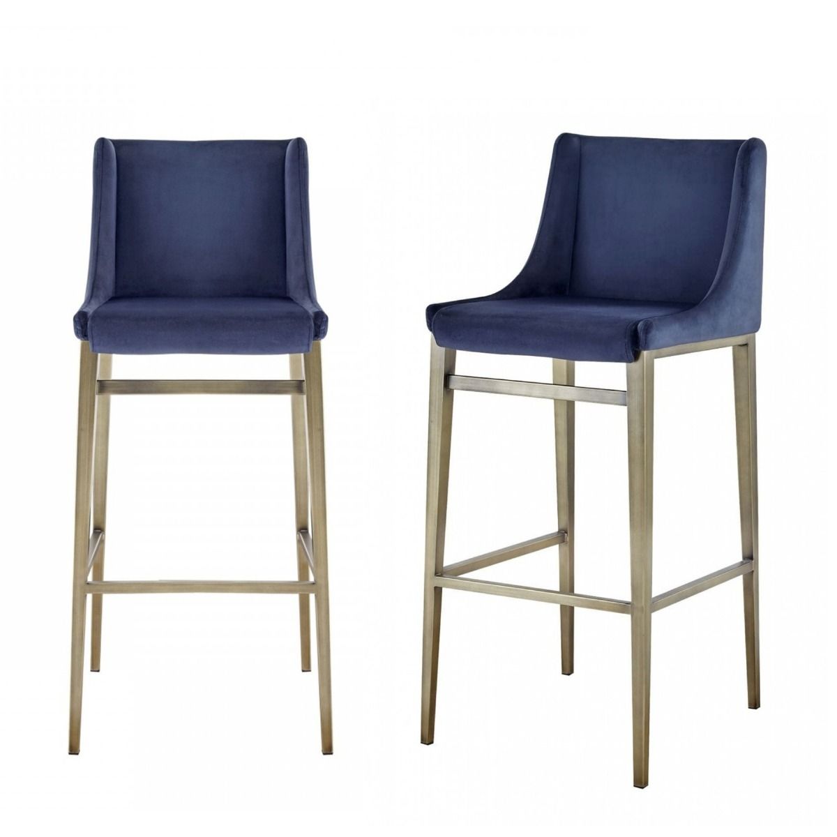 Modrest Mimi - Contemporary Blue Velvet & Antique Brass Bar Stool (Set of 2)