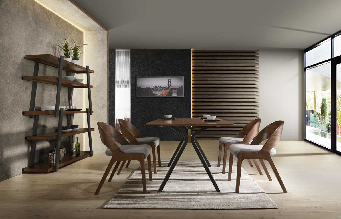 Modrest Runyon Modern Walnut & Grey Fabric Dining Set