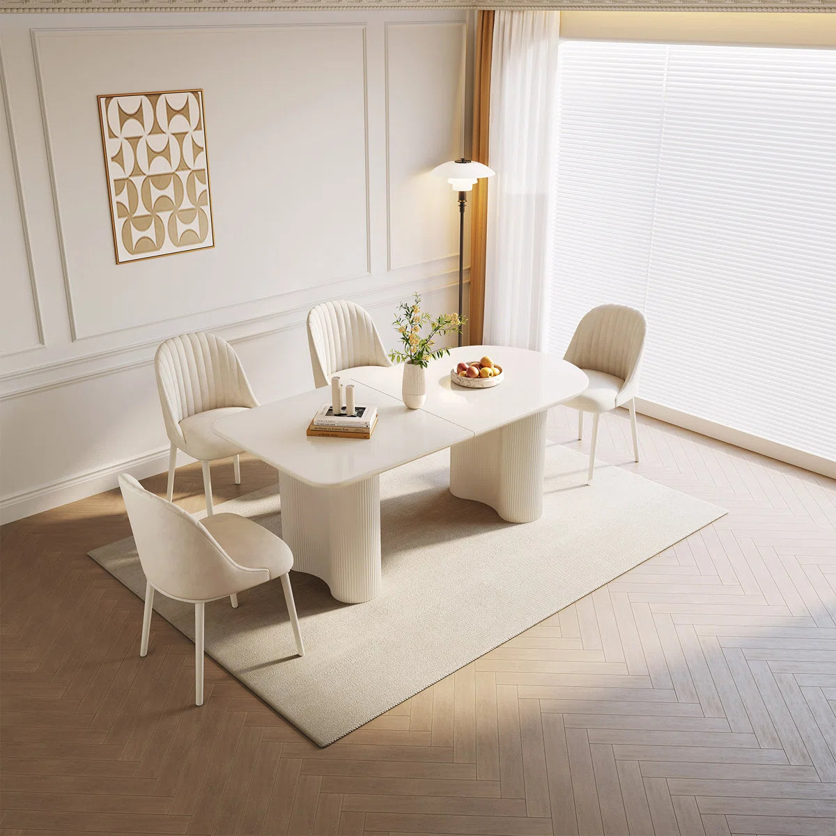 Pearlena 62.99" Modern Rectangle Cream White Dining Table Set with 4 Chairs for Kitchen, Bar, Living Room