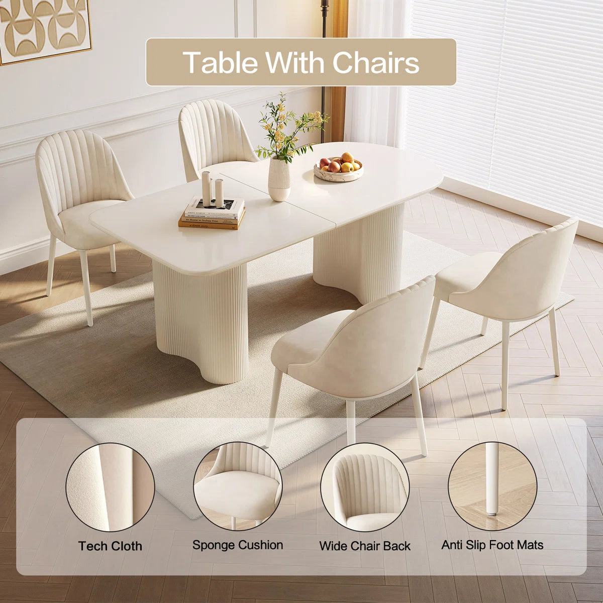 Pearlena 62.99" Modern Rectangle Cream White Dining Table Set with 4 Chairs for Kitchen, Bar, Living Room