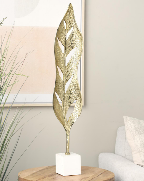 Gold Aluminum Metal Leaf Tall Textured Cutout Decorative Sculpture with White Marble Base
