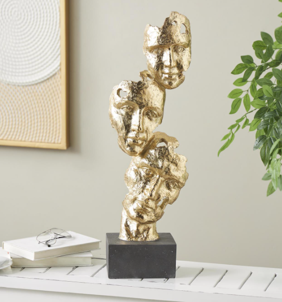 Gold Polystone Mask Stacked Face Cutout Decorative Sculpture with Black Block Base