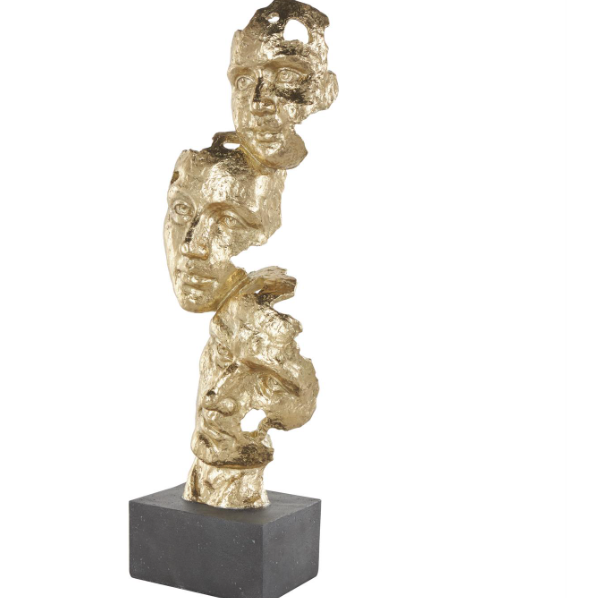 Gold Polystone Mask Stacked Face Cutout Decorative Sculpture with Black Block Base