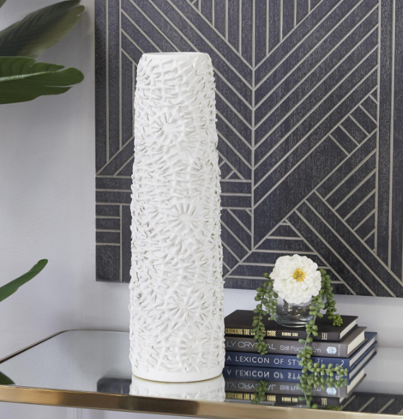 White Ceramic Leaf Embossed Decorative Vase
