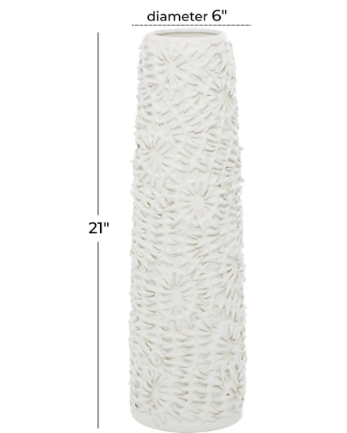 White Ceramic Leaf Embossed Decorative Vase