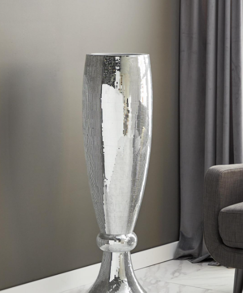 Silver Polystone Tall Champagne Flute Shape Decorative Vase with Mosaic Mirror Inlay