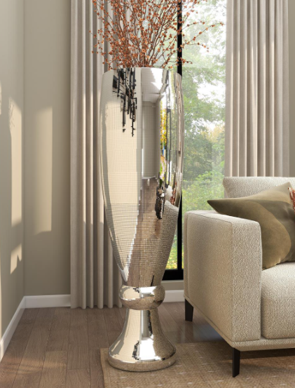 Silver Polystone Tall Champagne Flute Shape Decorative Vase with Mosaic Mirror Inlay