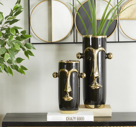 Black Ceramic Face Abstract Decorative Vase with Gold Details