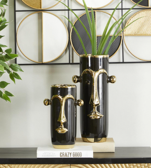 Black Ceramic Face Abstract Decorative Vase with Gold Details