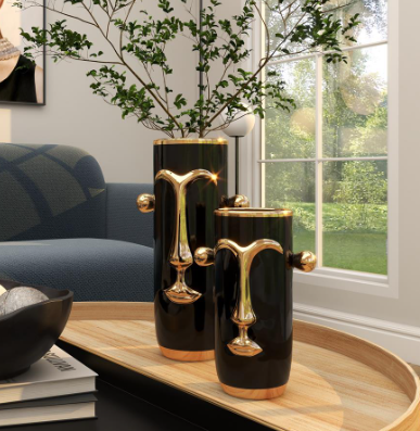Black Ceramic Face Abstract Decorative Vase with Gold Details
