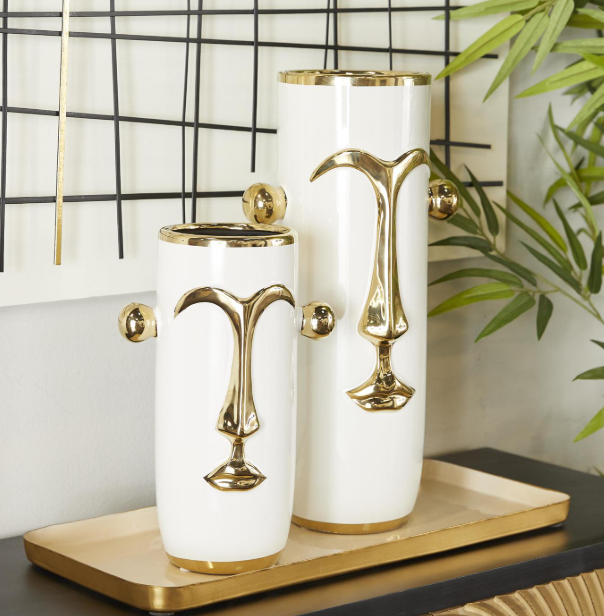 White Ceramic Face Decorative Vase with Gold Details