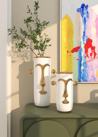 White Ceramic Face Decorative Vase with Gold Details