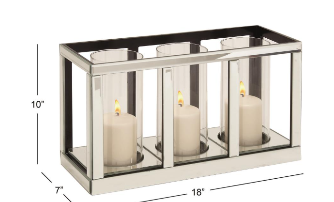 Silver Glass Pillar 3 Glass Sleeve Decorative Candelabra with Mirrored Accents