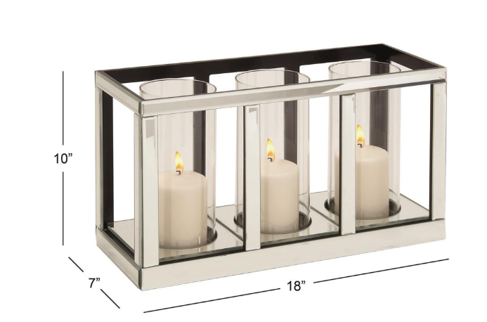 Silver Glass Pillar 3 Glass Sleeve Decorative Candelabra with Mirrored Accents