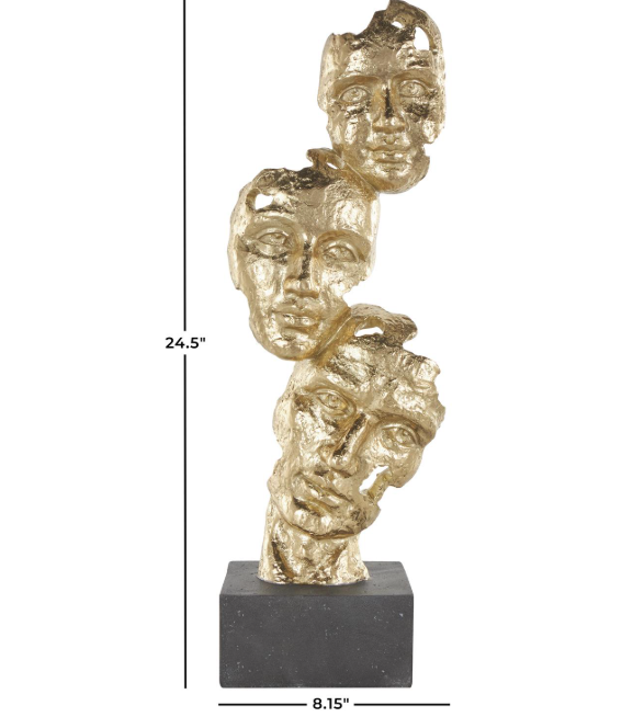 Gold Polystone Mask Stacked Face Cutout Decorative Sculpture with Black Block Base