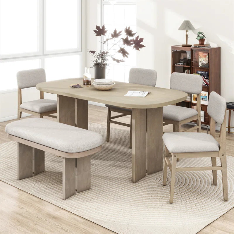 Solid Wood Dining Table Set With Bench - 6-Piece Upholstered Rectangular Dining