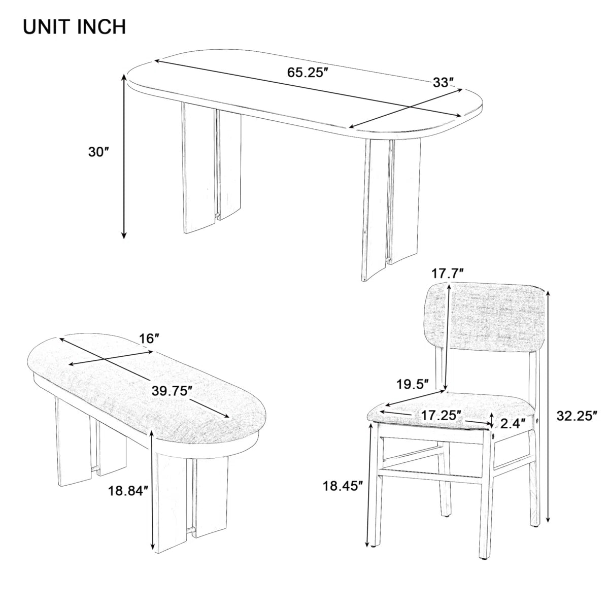 Solid Wood Dining Table Set With Bench - 6-Piece Upholstered Rectangular Dining