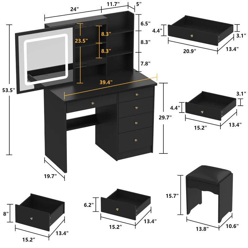 Modern Wide Makeup Vanity Set with Stool and Mirror