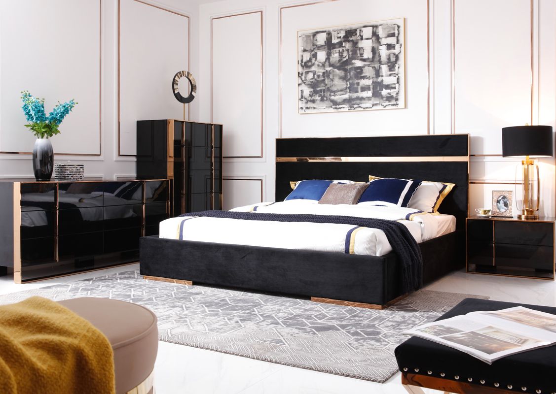 Cartier Modern Black & Rosegold Bedroom Set