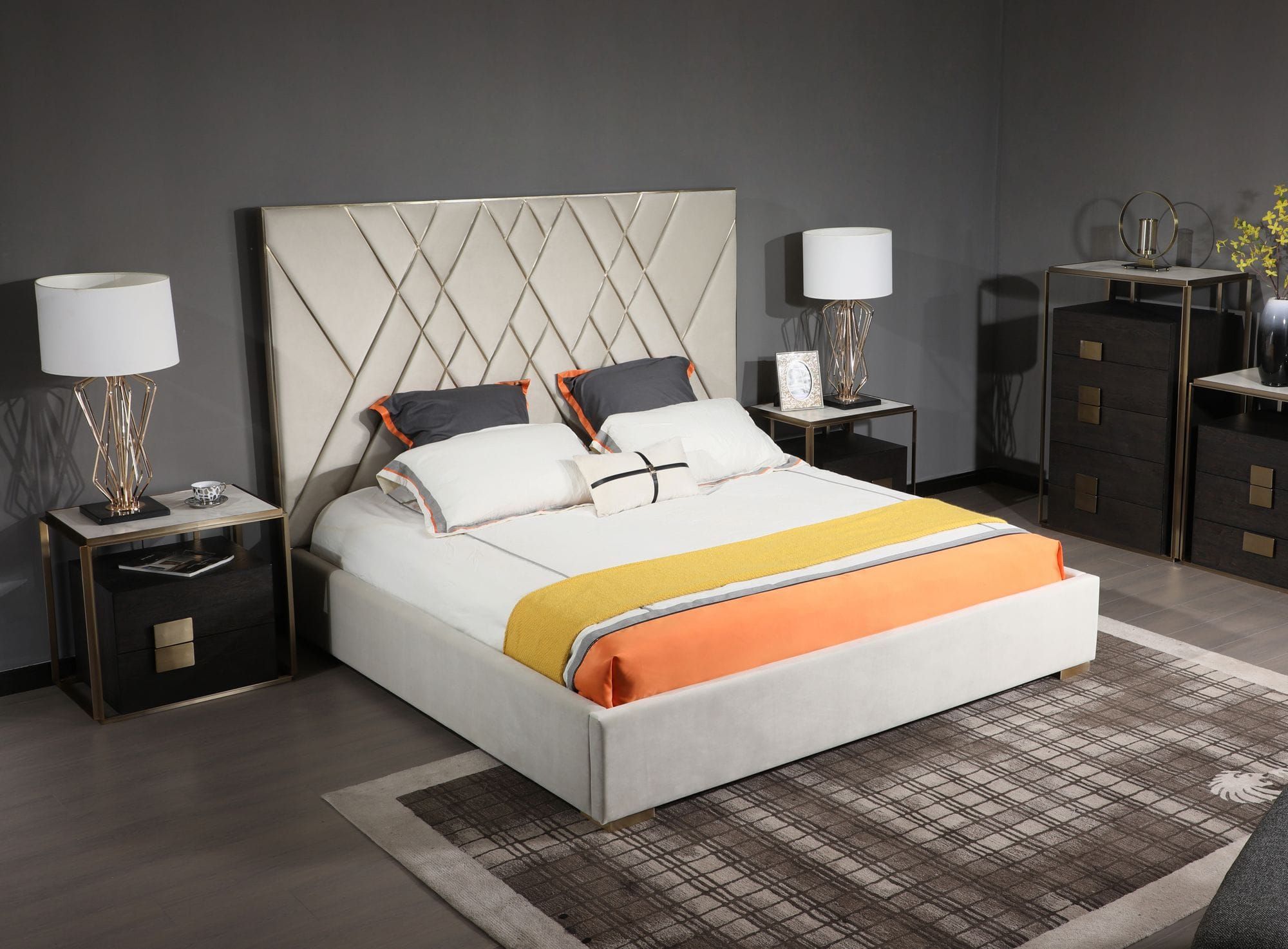 Eldora - Glam Beige Velvet and Brushed Brass Bed