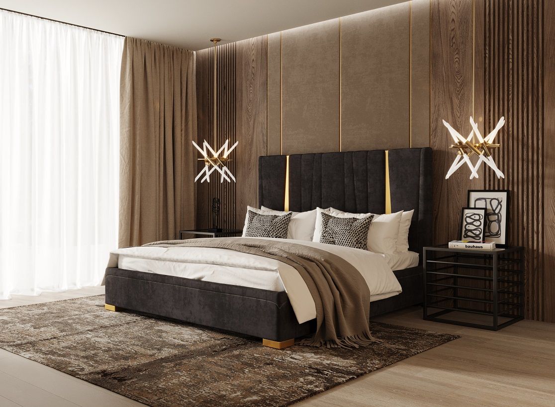 Evonda Modern Black Velvet & Brass Bed
